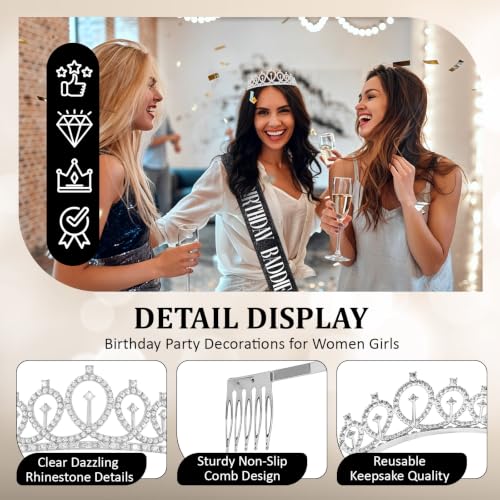 Birthday Baddie Crown and Sash Set for Women - Silver & Black, One Size