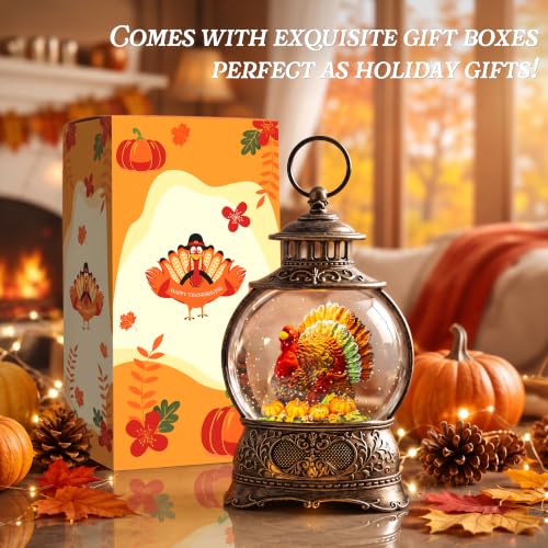 Fall Snow Globe Lantern - 10'' Thanksgiving Water Globe with Turkey in Pumpkin - Autumn Decor