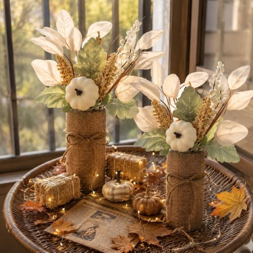 White Fall Centerpieces for Tables Set of 2 - Autumn Pumpkin Eucalyptus Decor