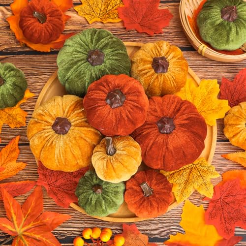 Artificial Velvet Pumpkins Fall Decor Set - Orange Green Yellow 3 Sizes, 12 Pcs