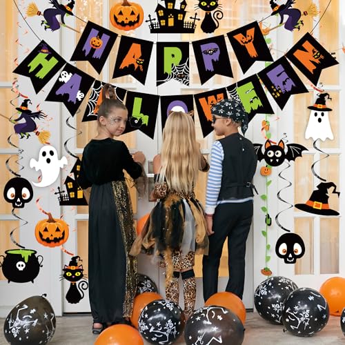 Halloween Party Decorations Banner & Hanging Swirls - Ghost Pumpkin Witches