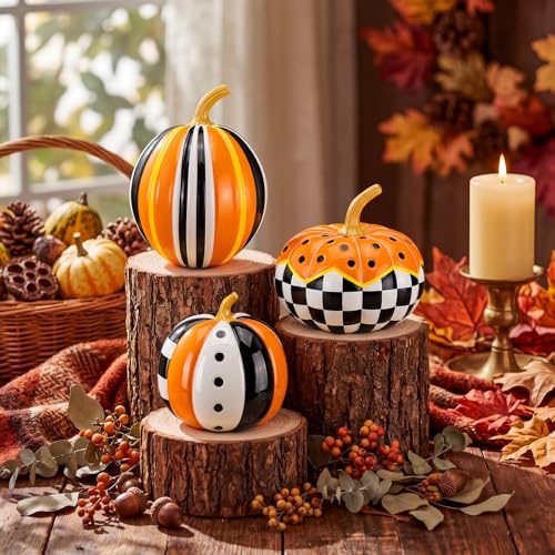 3-Piece Fall Halloween Black and White Pumpkin Decor Set - Resin Autumn Ornaments