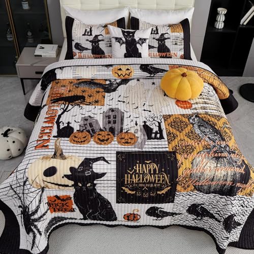 Halloween Quilt Queen Size Bedding Set with Pillow Shams - Black, 4 Pieces