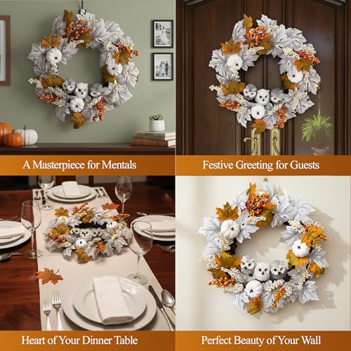 21-Inch Fall Owl Wreath with Pumpkins & Maple Leaves for Front Door Halloween Thanksgiving
