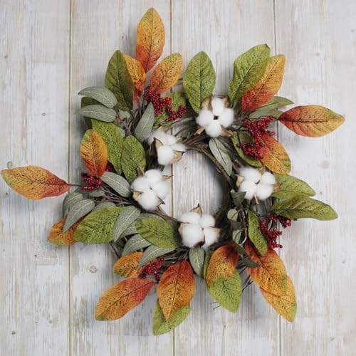 Artificial Fall Leaves Wreath with Cotton Pods and Berries - 12-Inch Autumn Decor, Variation of Cotton Pod Pip Berries/Fall Leaves/12"
