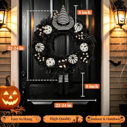 Halloween Wreath with Striped Hat and Legs - 22 Inch Gothic Front Door Decor (Variation: Hat Legs / 22")