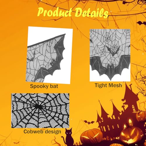 Halloween Fireplace Decor Mantle Scarf Cover Garland - Black Lace Spider Web Bat Style