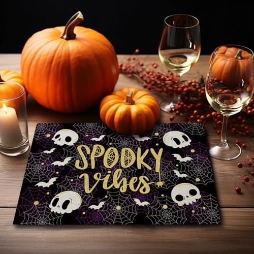 Halloween Skeleton Bat Placemat Set of 4 - Spooky Table Decor for Home & Dining