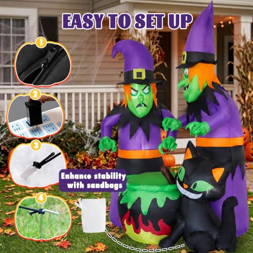 Halloween Inflatable Outdoor Decoration with 2 Witches and Black Cat - 6FT Lighted Yard Decor