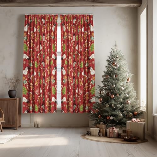 Red Sheer Christmas Curtains 52x63in - Pack of 2 Gingerbread Snowman Decor