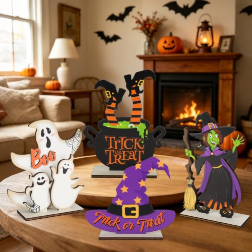 Halloween Wooden Table Centerpiece Signs - 4 Pack Rustic Ghost & Witch Decor with Variation Style 1