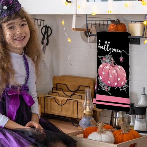 Halloween Kitchen Towels Set of 2 Pink Pumpkin and Spider Web Design - Creative Gift for Halloween