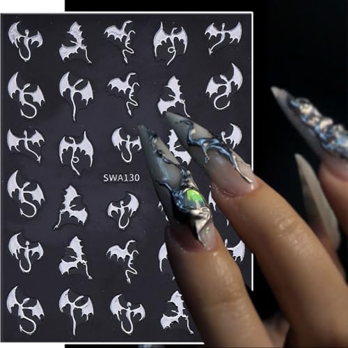 Halloween Bat Nail Art Stickers 6 Sheets - 3D Gold Silver Flying Dragon Design, Style 4