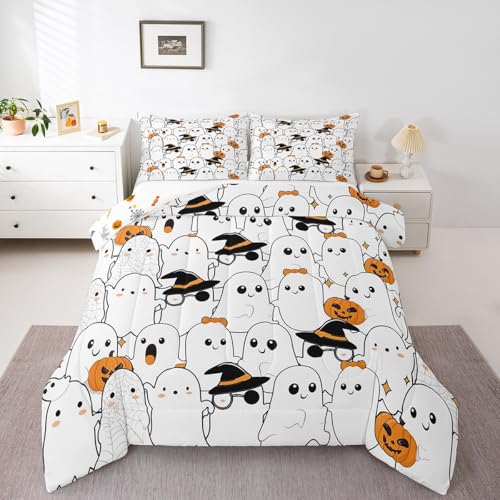 Halloween Cartoon Ghost Comforter Set Twin Black Orange White with Pumpkin Lantern & Witch Hat Variation of THIS listing