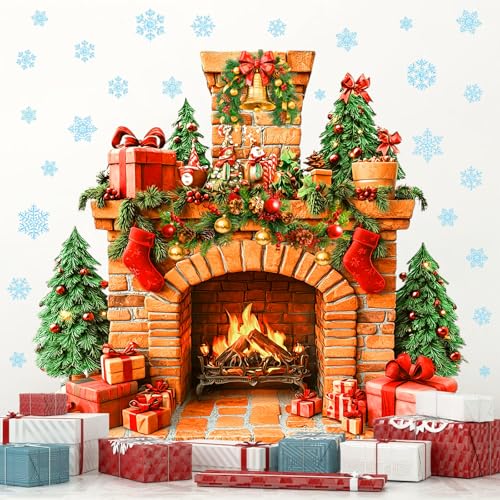 Christmas Fireplace Wall Decals - Snowflakes & Winter Tree Stickers - Removable Holiday Mural - Fireplace Variation