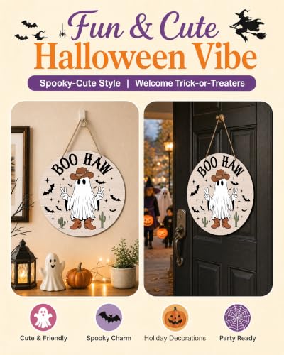 Halloween Front Door Wooden Sign with Ghost, Pumpkin & Bats - 12x12 Inches