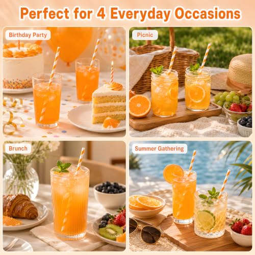 Orange Striped Paper Drinking Straws - Halloween & Party Decor - 100 Pack