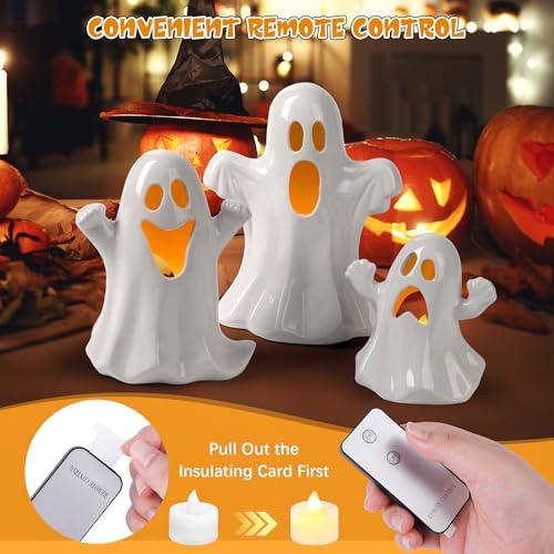 Halloween Ghost Decor Set with Remote Light-Up Ceramic Figurines & Tea Lights