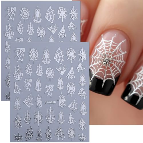 Halloween Nail Stickers Spider Web & Spider Design - 3D Multicolored Glitter Decals, Self-Adhesive, 10PCS