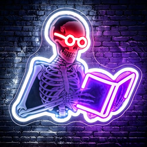 Reading Skeleton Neon Sign - Spooky Book Lover Wall Decor, Halloween Neon Light