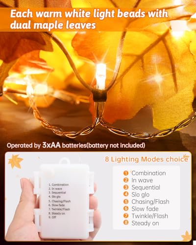 2 Pack Fall Maple Leaf Garland with Lights - 8 Lighting Modes Waterproof Battery Operated Decor