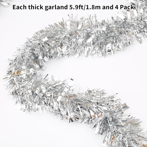Silver Tinsel Garland Set - 23.6ft Thick Metallic Foil for Christmas & Parties - Variation of Silver