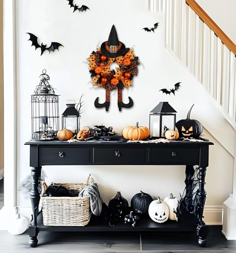 Halloween Wreath for Front Door - 16 Inch Tinsel Black Witch with Hat, Legs & Pumpkin - Orange & Black Variation