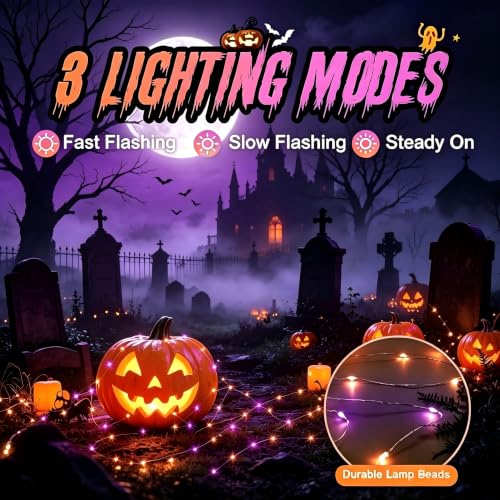 LED Fairy String Lights Battery Operated Waterproof 7ft 20 LEDs - Orange & Purple, 6 Pack