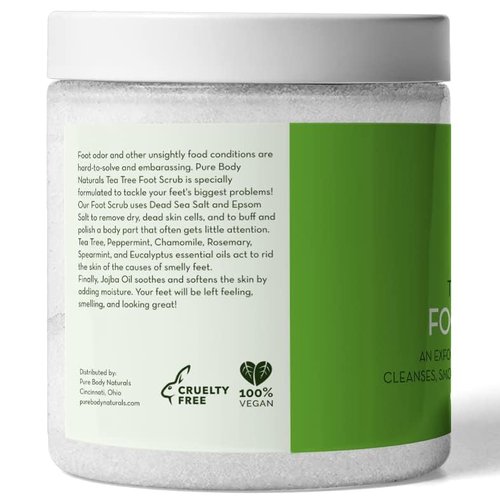Pure Body Naturals Tea Tree Oil Foot Scrub, 12 ounces - Cleanses and Exfoliates - Attacks the Cause of Smelly Feet - Great for Athletes