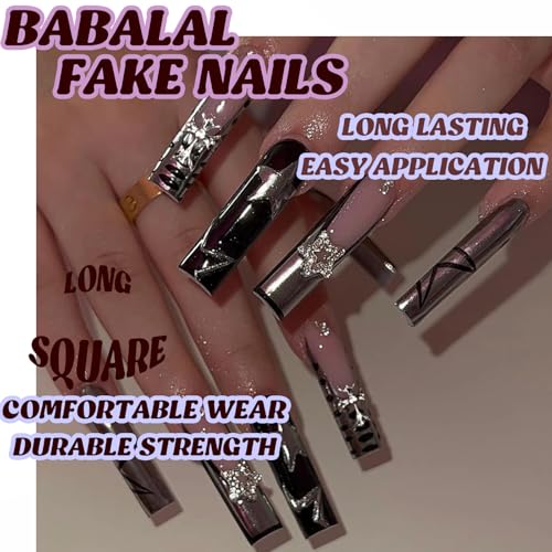 BABALAL Long Square Acrylic Press-On Nails with Silver Chrome & Star Cross Charm - Variation FNYA101