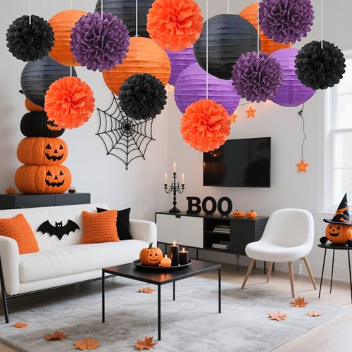 Halloween Paper Lanterns & Tissue Pom Poms Set - Black Orange Purple 18 Piece
