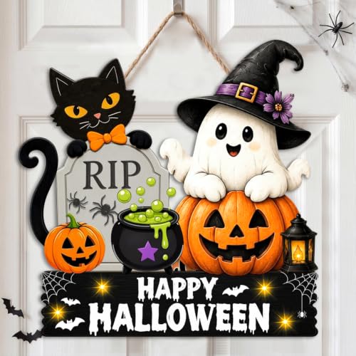 Halloween Welcome Wreath - Wooden Black Cat Ghost Pumpkin Door Decor - 12x12 Inches - Variation: Halloween