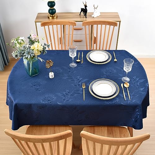 Large Navy Blue Oval Jacquard Tablecloth 60x120 Inches - Shiny Polyester