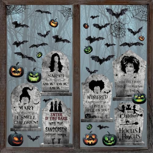 Halloween Window Clings Set - Static Decor for Indoor Outdoor Windows, Tombstones & Witch Stickers