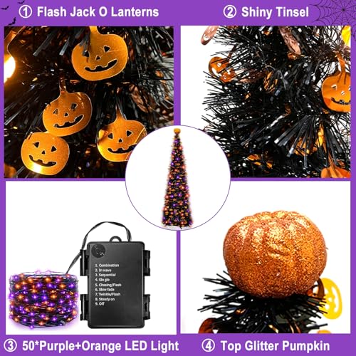Black Tinsel Halloween Tree with Lights, Pumpkins & Timer - Indoor Decor