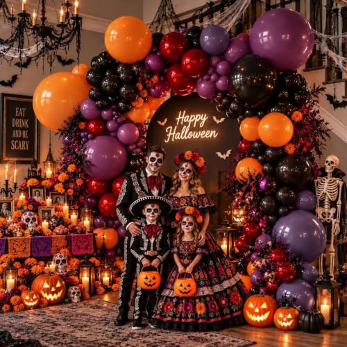 Halloween Balloon Arch Kit Double Stuffed Black Purple Orange Balloons for Spooky Party Decorations - Variation Black Purple Orange