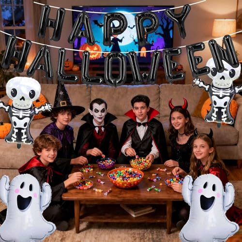 Halloween Balloons Black Happy Halloween Foil Letter Skeleton Ghost Party Decorations - Black