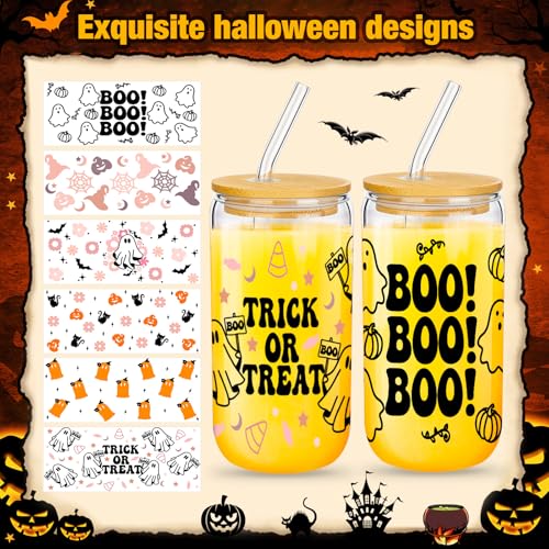 Halloween Mason Cup Set - Trick or Treat Style, 6 Glass Tumblers with Lids & Straws
