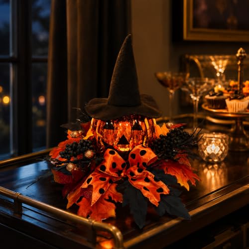 Lighted Halloween Pumpkin Decor with Witch Hat and Bow - 15 Inch Tabletop Fall Decor