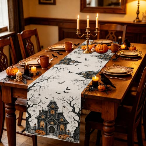 Haunted Castle Halloween Table Runner 13x72in for Home Decor - Orange Pumpkins & Ghosts