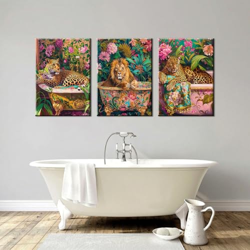 Large Bathroom Leopard Wall Art - 3 Piece Jungle Animal Canvas Prints 16x24in Framed - Variation of 24L x 16W