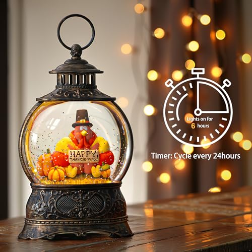 9.85 Inch Fall Decor Snow Globe Lantern with Turkey and Pumpkins - Thanksgiving Table Centerpiece