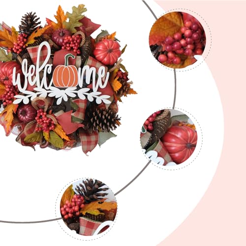 Fall Artificial Maple Leaf Mesh Wreath with Pumpkin and Welcome Sign - Front Door Decor