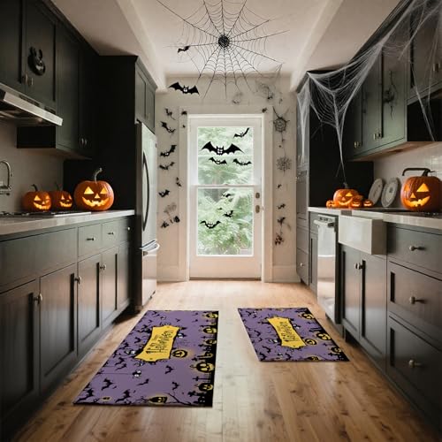 Halloween Kitchen Rugs Set of 2 - Purple Spooky Pumpkin & Black Cat Mat Non-Slip Washable