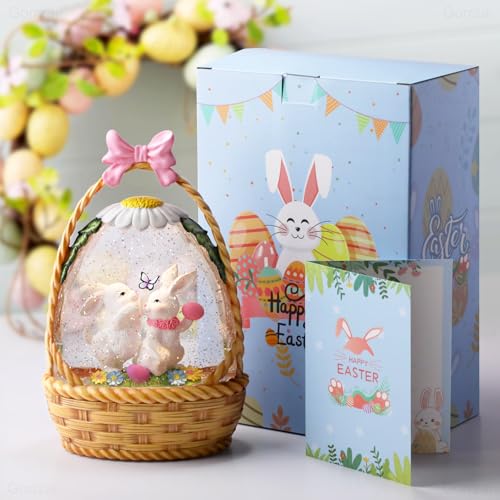 Easter Snow Globe Lantern with Bunny Basket & Egg - Swirling Glitter, Timer, USB/Battery