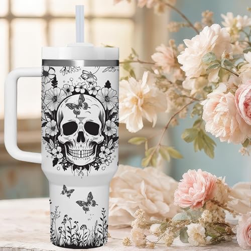 White Skull Goth Tumbler with Handle - 40 OZ Skull Lover Gift for Women
