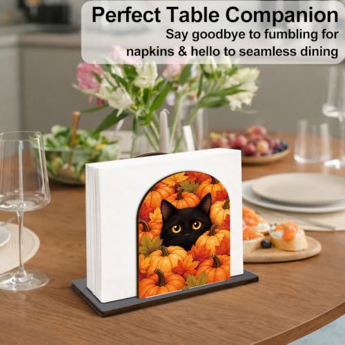 Halloween Fall Decor Wooden Napkin Holder with Cat Pumpkin Design