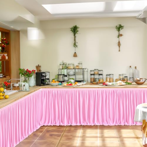 Pink 17ft Ruffle Table Skirt for Rectangular Tables Wedding Party Banquets - Pink / 203" x 30"