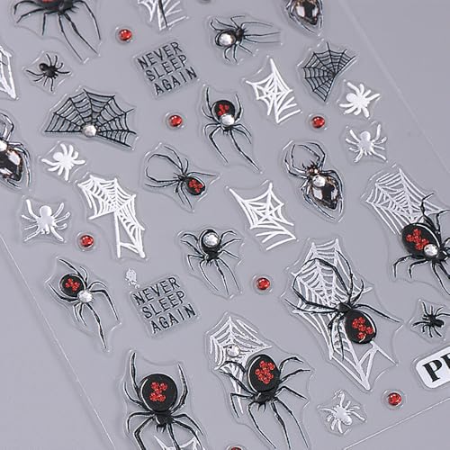 Halloween Nail Stickers with Rhinestones - Ghost Variation, Self-Adhesive Skeleton Spider Web 4 Sheets