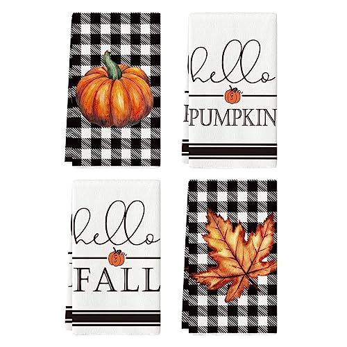 Buffalo Check Pumpkin Fall Kitchen Towels Set of 4 - Absorbent & Durable 18x26 Inches